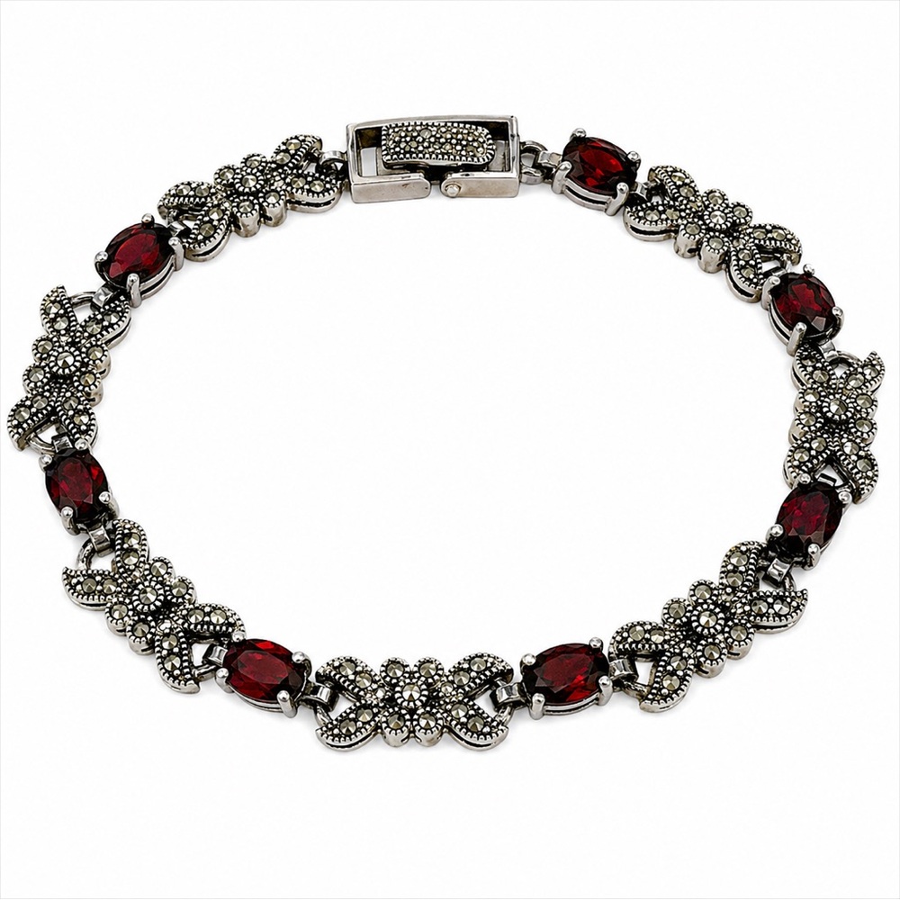 VINTAGE Garnet Sterling Silver Marcasite Bracelet